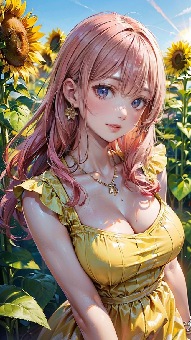 (Masterpiece, BestQuality:1.3), (ultra detailed:1.2), (hyperrealistic:1.3), (RAW photo:1.2), High detail RAW color photo, professional photograph, (Photorealistic:1.4), (realistic:1.4), professional lighting, perfect anatomy, (Big Breasts:1.2), (blush, detailed face), (cheerful Smile:1.5), Trending Hair&Trending Hairカラーをランダムに, earrings, necklace, bracelet, sexy, erotic sexy, Random sexy gravure poses, (A sexy beauty in a yellow summer dress is smiling and posing sexy in a sunflower field。Her long pink hair shines in the sun.。: 1.3)