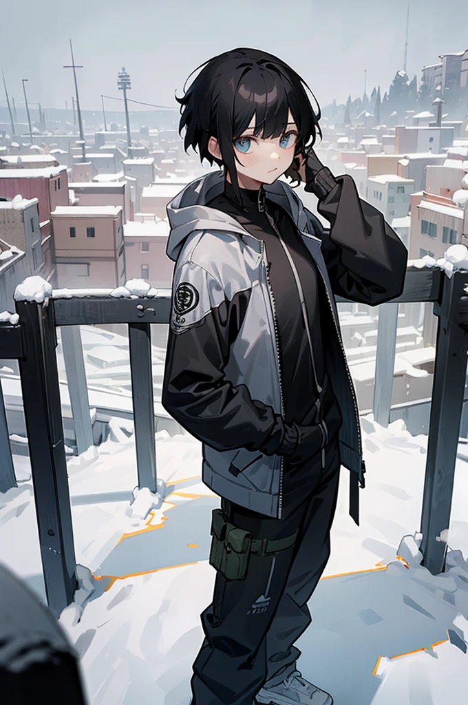 iso_valorant, standing, looking at viewer, jacket, hoodie, long pants, bandaid on face, short black hair, town, winter