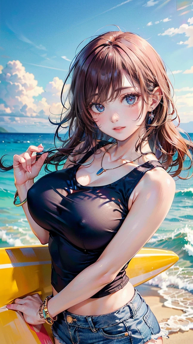 (Masterpiece, BestQuality:1.3), (ultra detailed:1.2), (hyperrealistic:1.3), (RAW photo:1.2), High detail RAW color photo, professional photograph, (Photorealistic:1.4), (realistic:1.4), professional lighting, perfect anatomy, (Big Breasts:1.2), (blush, detailed face), (cheerful Smile:1.5), Trending Hair&Trending Hairカラーをランダムに, earrings, necklace, bracelet, sexy, erotic sexy, Random sexy gravure poses, (A sexy beauty in a blue tank top and denim shorts is smiling while holding a surfboard on the beach。Pink wavy hair swaying in the sea breeze。 1.3)