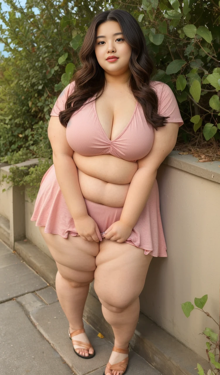 ((best quality)), ((masterpiece)), (detailed), perfect face, araffeTight skirtsShort , thicc, wavy short hair, she has a jiggly fat round belly, bbwchan, wearing tight simple clothes, skinny waist and thick hips, widest hips, her belly is fat and round, soft curvy shape, hyperrealistic full figure, wearing a cute top, wide hips, Blue swimsuit,On the beach by the seaBlue