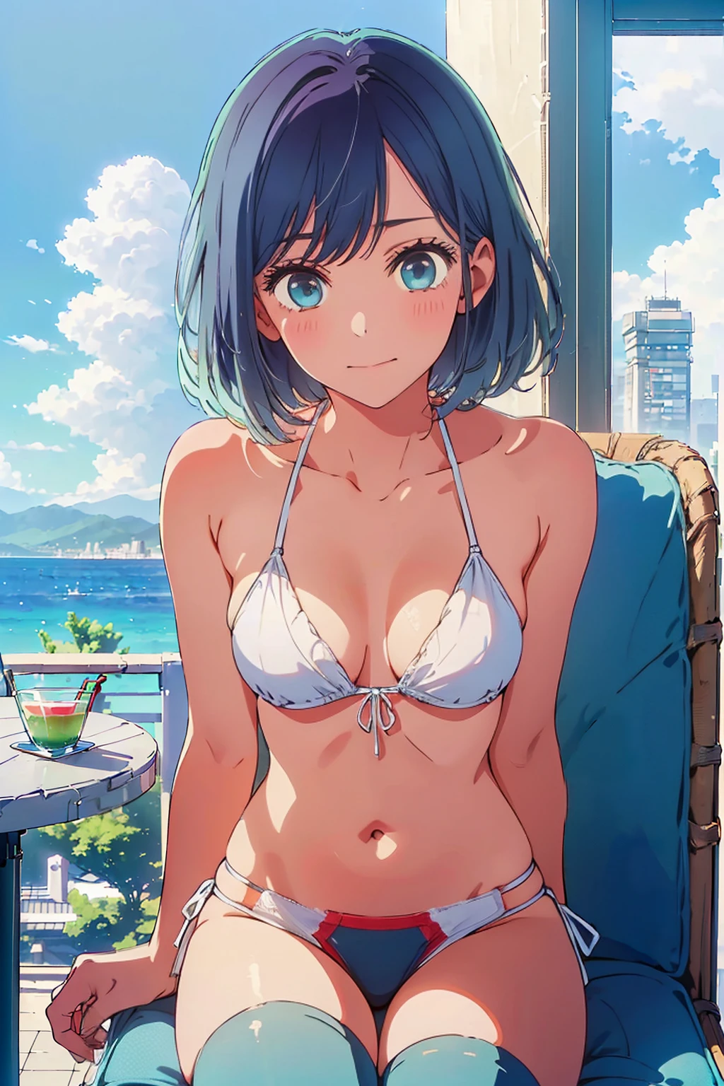 (Highest quality:1.4、8k:1.4,detailed),F cup bust、Big Breasts、Slim and beautiful arms、Slim body、Very white beautiful skin、((((1 person、smile、Swimwear、smile、sit、Chair、In the background are the urban buildings of Tokyo、Outdoor café terrace、coastal、Navy hair color、juice、table、She is wearing a white side-string high-leg bikini、Get up close and take a photo、Poses that accentuate the chest、Very cute face))))、looking at the camera、Very beautiful face、Very blue sky、A completely cloudless sky、She tilted her head slightly、The atmosphere is bright and lively、The woman is at the center of the image。