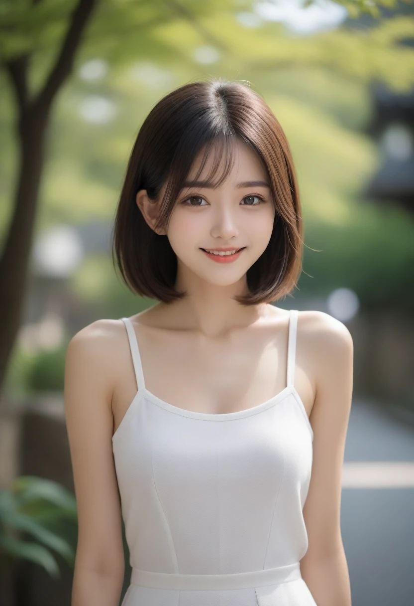8k, Ultra-high resolution, Highest quality, masterpiece, 三分割法によるphotograph,Surreal, photograph, 1 girl, (16 years old:1.3), pretty girl, Cute face, Beautiful eyes in every detail, 細かくdetailedに,masterpiece,, One Girl:1.2, Japan Female Announcer,whole body,Young Wife,Urban area,street tree,Black Camisole Dress,Pencil Skirt,clavicle,Full of cleanliness,A carefree smile,Healing the heart,Short Bob,Looking at the audience、beauty,Long neck、Laugh a little、Please close your mouth and laugh、(((Ideal body type))),A-cup small breasts :2,、Portraiture:2、Perfect Anatomy、鮮明なdetailed、detailed、Surreal、Light and shadow,Strong light