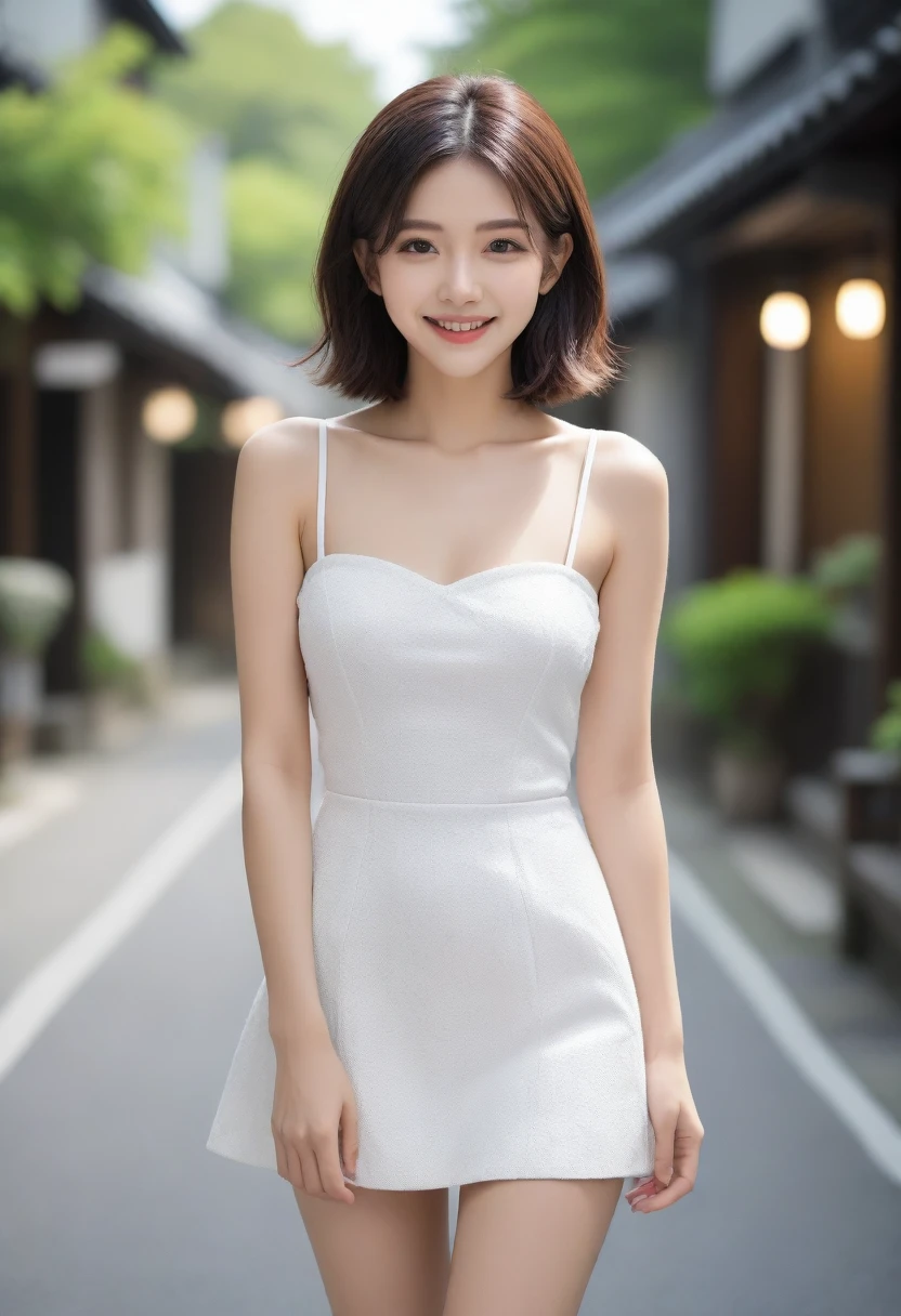 8k, Ultra-high resolution, Highest quality, masterpiece, 三分割法によるphotograph,Surreal, photograph, 1 girl, (16 years old:1.3), pretty girl, Cute face, Beautiful eyes in every detail, 細かくdetailedに,masterpiece,, One Girl:1.2, Japan Female Announcer,whole body,Young Wife,Urban area,street tree,Black Camisole Dress,Pencil Skirt,clavicle,Full of cleanliness,A carefree smile,Healing the heart,Short Bob,Looking at the audience、beauty,Long neck、Laugh a little、Please close your mouth and laugh、(((Ideal body type))),A-cup small breasts :2,、Portraiture:2、Perfect Anatomy、鮮明なdetailed、detailed、Surreal、Light and shadow,Strong light
