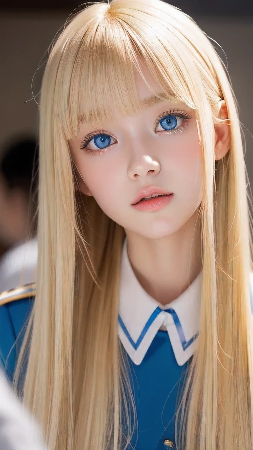 Beautiful blonde cute girl 、Sexy and very beautiful cute face、Big, bright blue eyes that sparkle beautifully、Very long, dazzling, beautiful, blonde, silky, shiny hair、Bangs that hang down in the face、uniform、Small Face Beauty、Glowing Skin、Cheek highlighter、White skin、Radiant Skin、