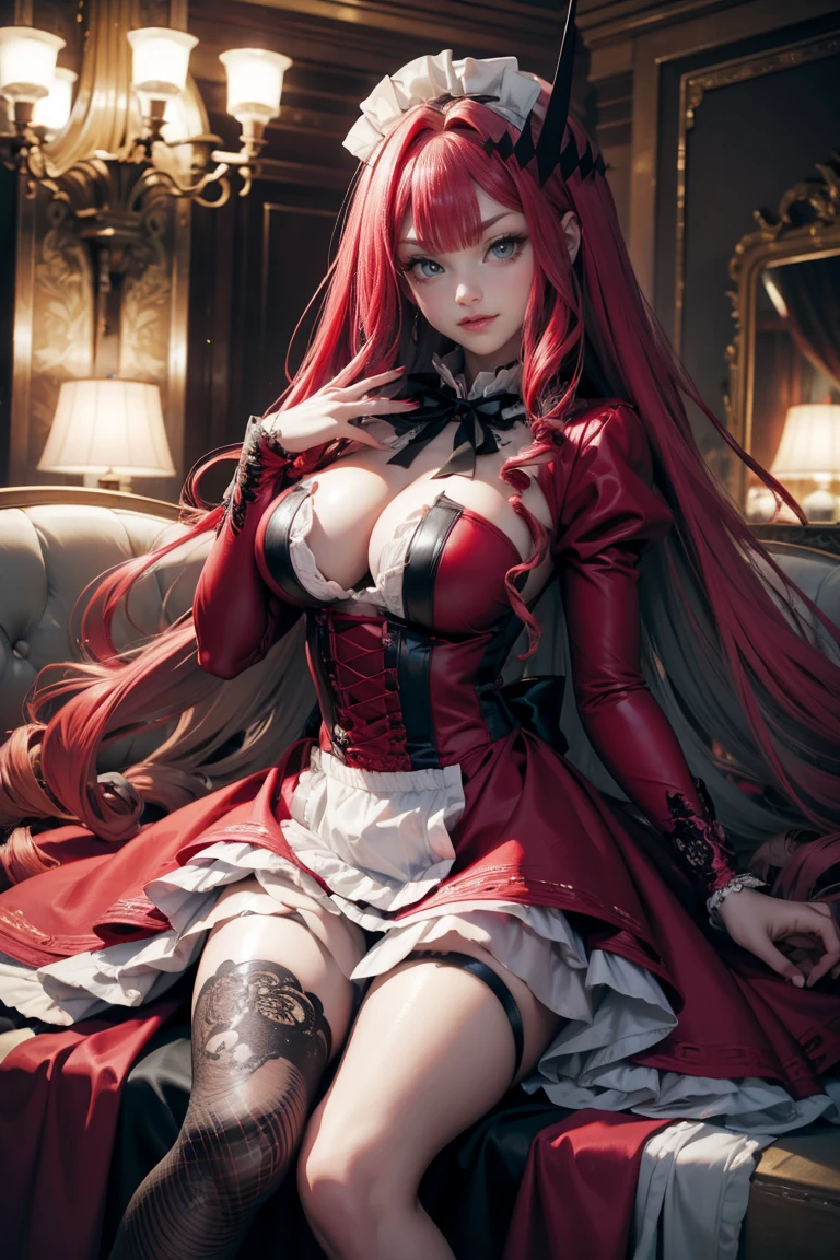 Baobhan Sith, ornament hair, vampire girl, perfectly body, perfectly hands, wave hair, red hair, long hair, green eyes, maid, maid dress, maid headdress, maid apron, white apron, living room scenery, black lantern, gothic style, seat on the sofa, red dress, more details on her clothes, red dress with black details, night, smiling, coat, ((4k, masterpiece, top-quality)),8k, best quality, high resolution, HD, (illustration:0.8), super cute girl, delicate and beautiful face, 1girl, solo, mature girl, super cute hairstyle, (beautiful detailed eyes:1.6), extremely detailed face, perfect lighting, extremely detailed CG, (perfect hands, perfect anatomy), Best quality, cleavage, skirt, full Body,