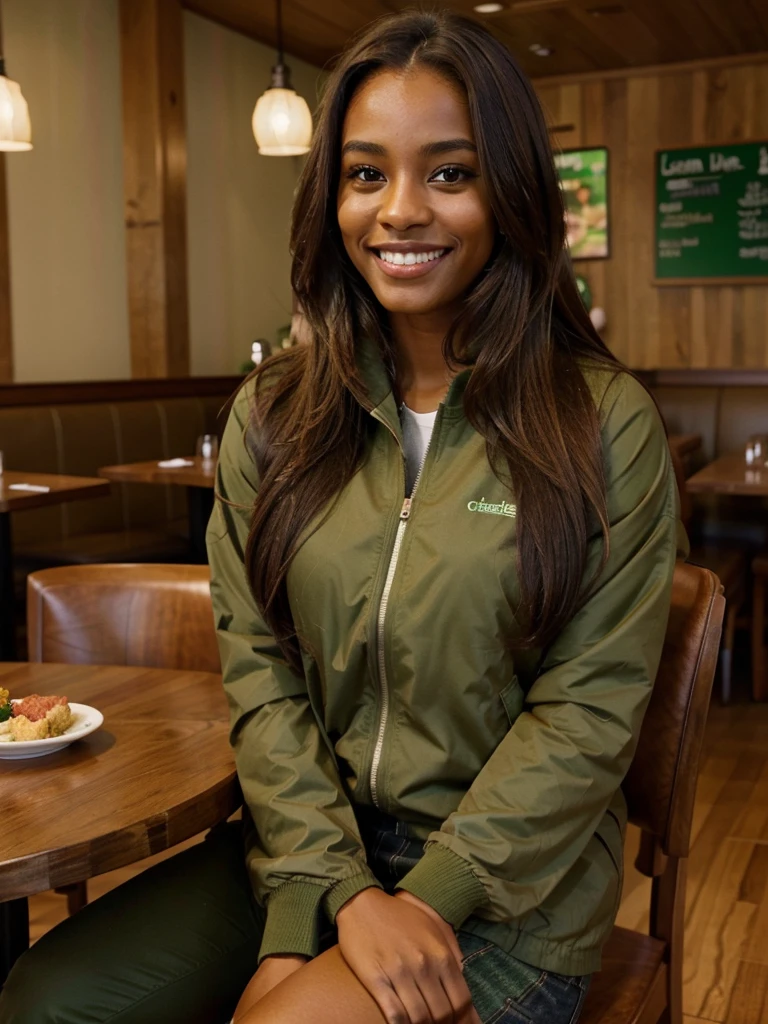 brown skin woman with long light brown hair wearing a green jacket, sitting in a restaurant, happy, smile, black skin, upper body selfie