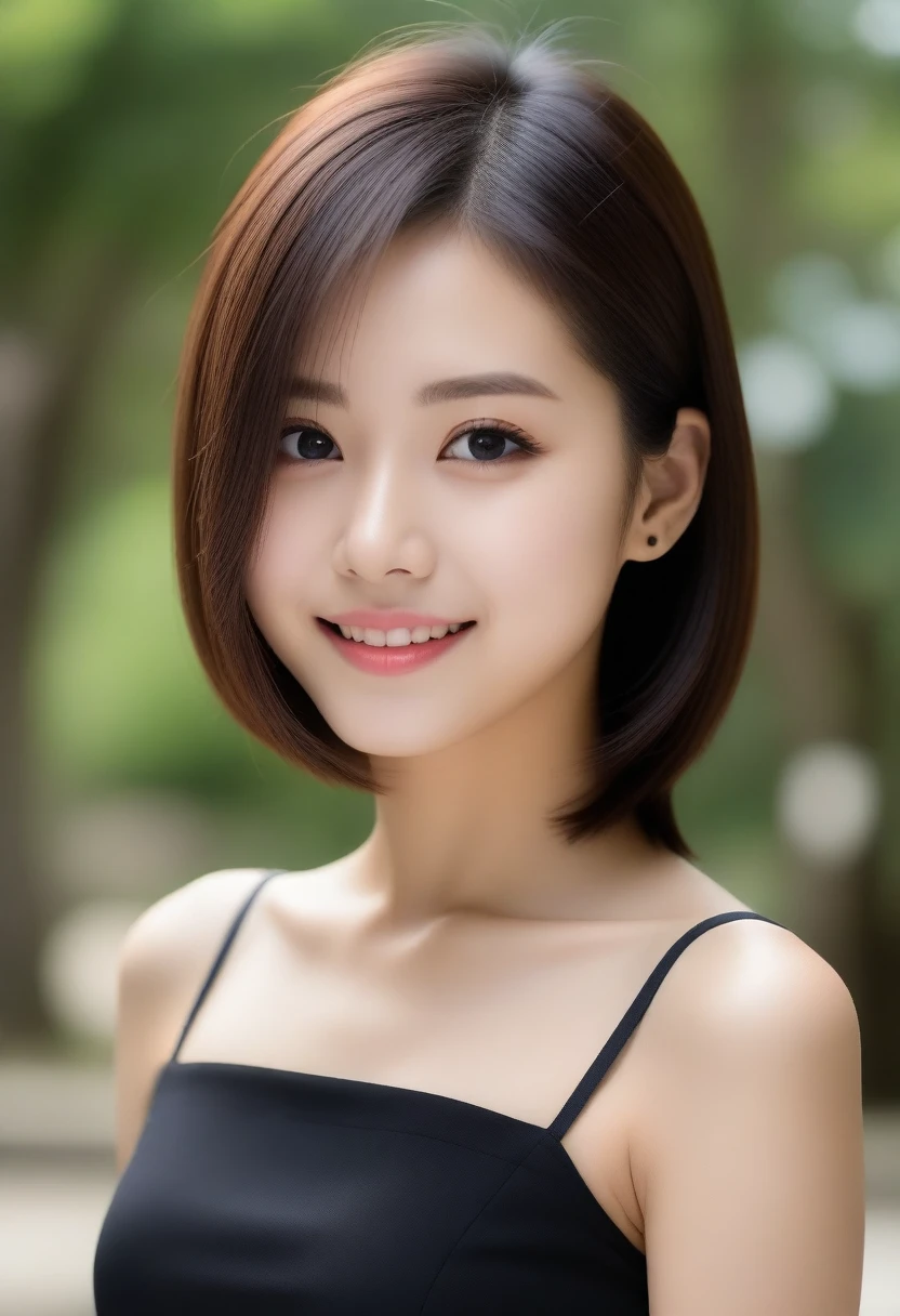 8k, Ultra-high resolution, Highest quality, masterpiece, 三分割法によるphotograph,Surreal, photograph, 1 girl, (:1.3), pretty girl, Cute face, Beautiful eyes in every detail, 細かくdetailedに,masterpiece,, One Girl:1.2, Japan Female Announcer,whole body,Young Wife,Urban area,street tree,Black Camisole Dress,Pencil Skirt,clavicle,Full of cleanliness,A carefree smile,Healing the heart,Short Bob,Looking at the audience、beauty,Long neck、Laugh a little、Please close your mouth and laugh、(((Ideal body type))),A-cup small breasts :2,、Portraiture:2、Perfect Anatomy、鮮明なdetailed、detailed、Surreal、Light and shadow,Strong light