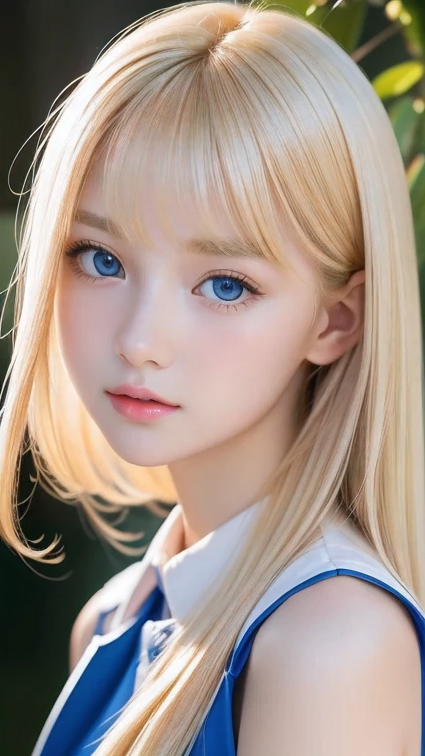 Beautiful blonde cute girl 15 years old、Sexy and very beautiful cute face、Big, bright blue eyes that sparkle beautifully、Very long, dazzling, beautiful, blonde, silky, shiny hair、Bangs that hang down in the face、uniform、Small Face Beauty、Glowing Skin、Cheek highlighter、White skin、Radiant Skin、