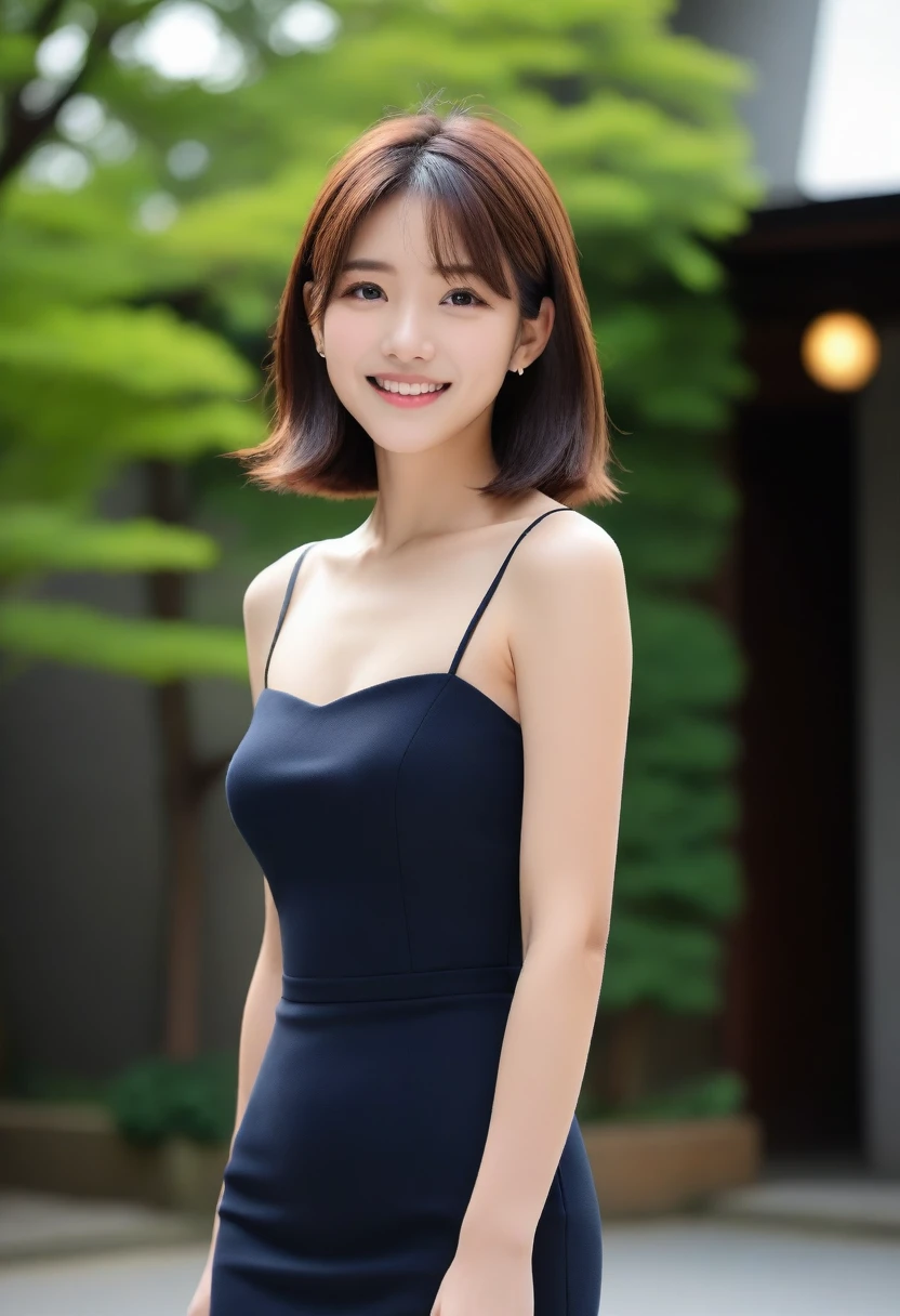 8k, Ultra-high resolution, Highest quality, masterpiece, 三分割法によるphotograph,Surreal, photograph, 1 girl, (16 years old:1.3), pretty girl, Cute face, Beautiful eyes in every detail, 細かくdetailedに,masterpiece,, One Girl:1.2, Japan Female Announcer,whole body,Young Wife,Urban area,street tree,Black Camisole Dress,Pencil Skirt,clavicle,Full of cleanliness,A carefree smile,Healing the heart,Short Bob,Looking at the audience、beauty,Long neck、Laugh a little、Please close your mouth and laugh、(((Ideal body type))),A-cup small breasts :2,、Portraiture:2、Perfect Anatomy、鮮明なdetailed、detailed、Surreal、Light and shadow,Strong light
