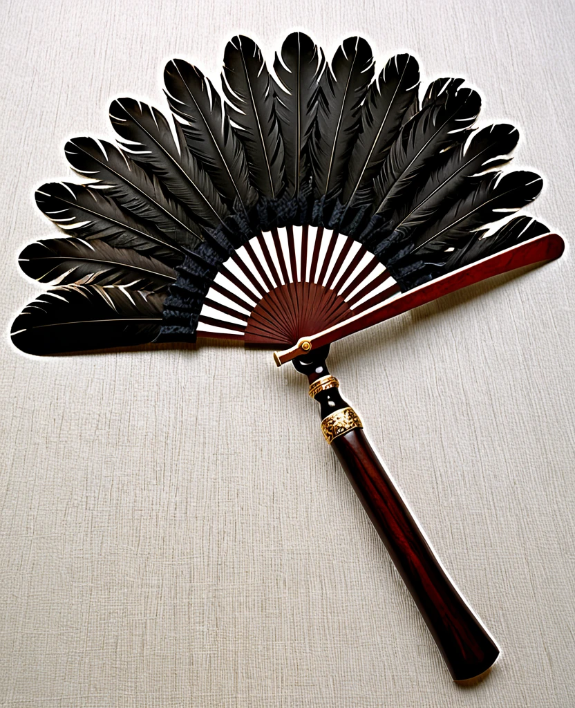 (Handle Feather Fan)、(Wooden handle)、(It is made of many feathers)、There is a handle at the base of the blade