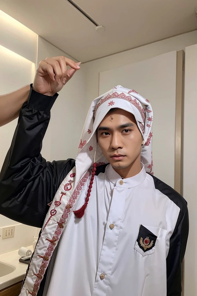 Cowok muda Korea, rambut ikal poni, memakai baju muslim putih, memegang golok berdarah