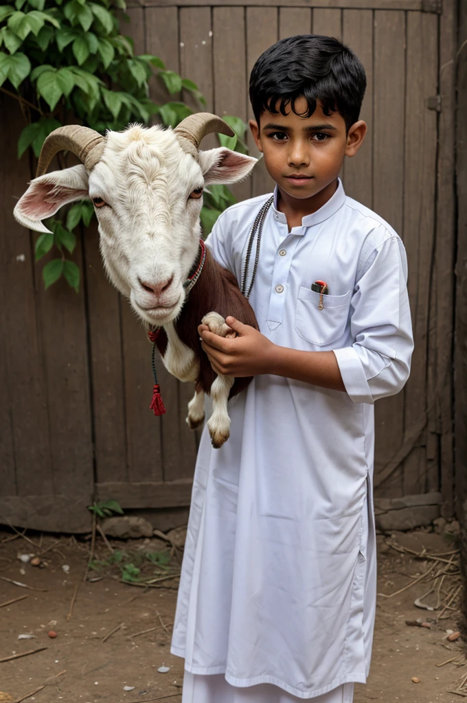 A muslim boy holding goat in hands with a wire and looking front wishing Eid ul adha Mubarak