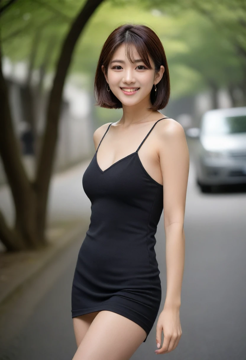 8k, Ultra-high resolution, Highest quality, masterpiece, 三分割法によるphotograph,Surreal, photograph, 1 girl, (16 years old:1.3), pretty girl, Cute face, Beautiful eyes in every detail, 細かくdetailedに,masterpiece,, One Girl:1.2, Japan Female Announcer,whole body,Young Wife,Urban area,street tree,Black Camisole Dress,Pencil Skirt,clavicle,Full of cleanliness,A carefree smile,Healing the heart,Short Bob,Looking at the audience、beauty,Long neck、Laugh a little、Please close your mouth and laugh、(((Ideal body type))),A-cup small breasts :2,、Portraiture:2、Perfect Anatomy、鮮明なdetailed、detailed、Surreal、Light and shadow,Strong light