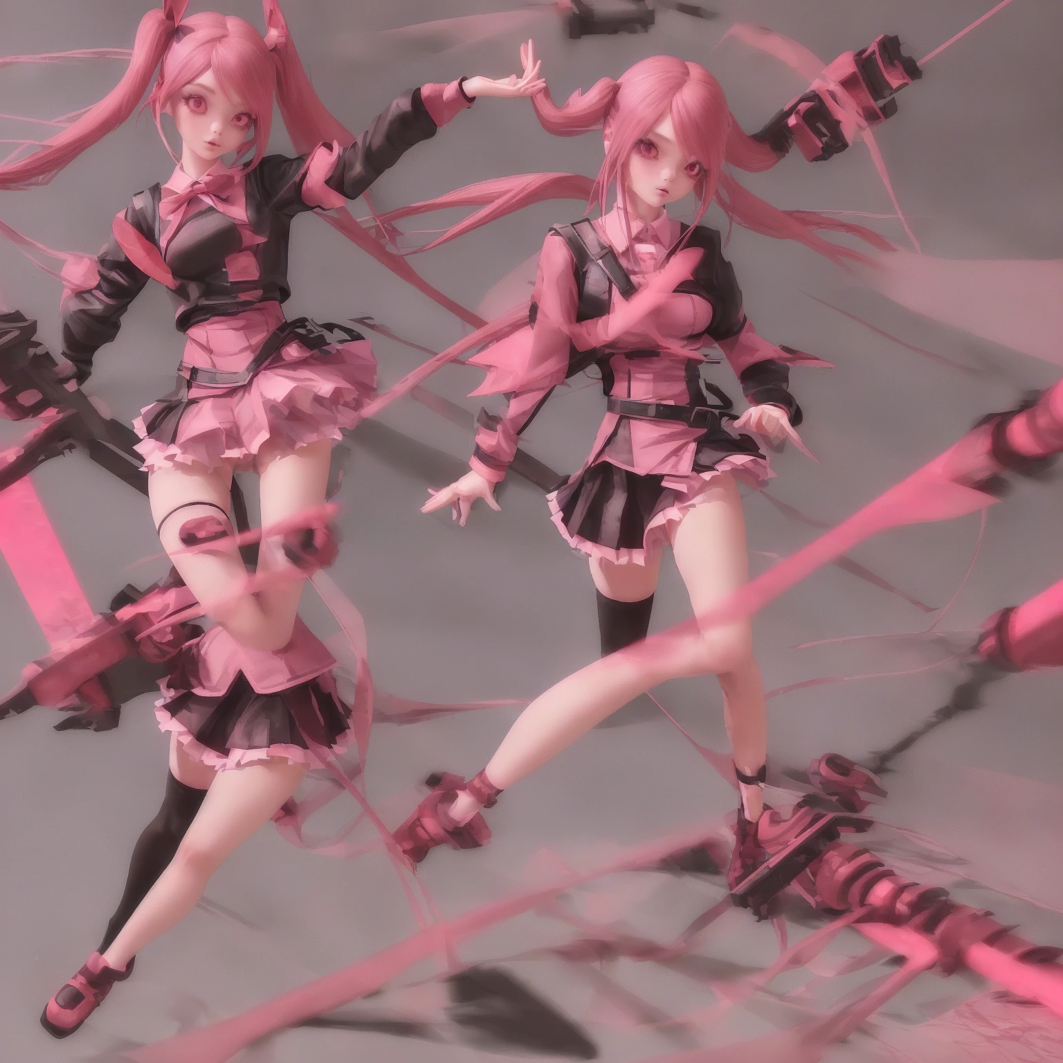 girl in a short skirt in knee-length stockings, red-pink hair,Twin Tail, full height, 3D wallpaper