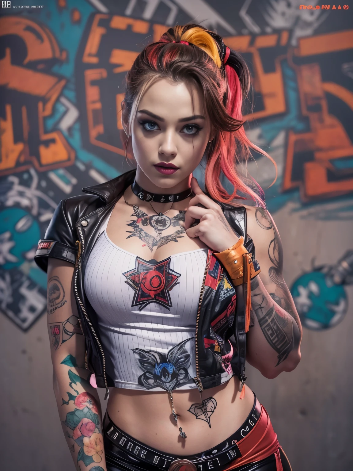 (best quality,4k,highres,masterpiece:1.2),ultra-detailed,realistic:1.37,full body shot,photorealistic Harley Quinn, pose from various angle, vibrant colors, sharp focus, dynamic lighting, detailed outfit, makeup, provocative expression, intricate tattoos, detailed facial features, elaborate props, contrasting background, cinematic composition, intense gaze, confident stance, seductive atmosphere, professional photography, studio lighting, grungy aesthetic, comic book style