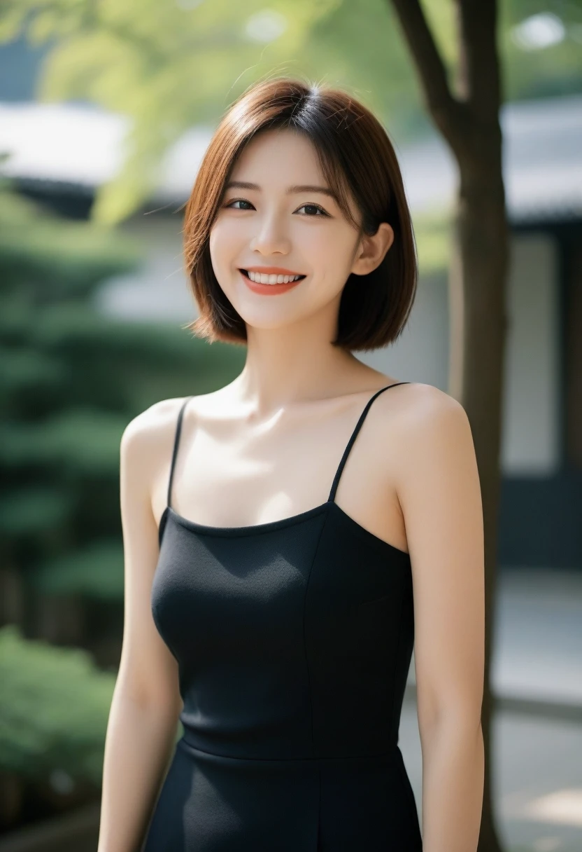 8k, Ultra-high resolution, Highest quality, masterpiece, 三分割法によるphotograph,Surreal, photograph, 1 girl, (16 years old:1.3), pretty girl, Cute face, Beautiful eyes in every detail, 細かくdetailedに,masterpiece,, One Girl:1.2, Japan Female Announcer,whole body,Young Wife,Urban area,street tree,Black Camisole Dress,Pencil Skirt,clavicle,Full of cleanliness,A carefree smile,Healing the heart,Short Bob,Looking at the audience、beauty,Long neck、Laugh a little、Please close your mouth and laugh、(((Ideal body type))),A-cup small breasts :2,、Portraiture:2、Perfect Anatomy、鮮明なdetailed、detailed、Surreal、Light and shadow,Strong light