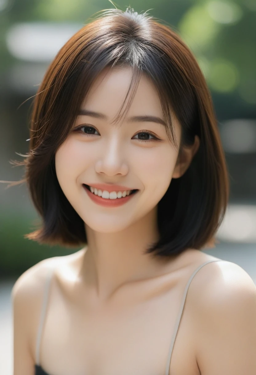 8k, Ultra-high resolution, Highest quality, masterpiece, 三分割法によるphotograph,Surreal, photograph, 1 girl, (:1.3), pretty girl, Cute face, Beautiful eyes in every detail, 細かくdetailedに,masterpiece,, One Girl:1.2, Japan Female Announcer,whole body,Young Wife,Urban area,street tree,Black Camisole Dress,Pencil Skirt,clavicle,Full of cleanliness,A carefree smile,Healing the heart,Short Bob,Looking at the audience、beauty,Long neck、Laugh a little、Please close your mouth and laugh、(((Ideal body type))),A-cup small breasts :2,、Portraiture:2、Perfect Anatomy、鮮明なdetailed、detailed、Surreal、Light and shadow,Strong light