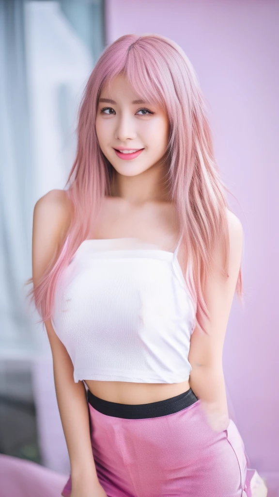 1 Girl, Medium-round perky , Starry Eyes, freckles, cute smile, voluptuous, booty, (8k, RAW Photo, High Sensitivity, Best Quality, Masterpiece, Ultra High Resolution, Realism: 1.25), Blush, (Very Detailed CG Unity 8k Wallpaper, Best Quality, High Resolution: 1.2), (ultra_detailed, UHD: 1.2), Perfect Lighting, Unique, (1 Girl: 1.4), (Pretty Girl: 1.2), Unreal Engine, Side Light, White & pink hair, Purple Eyes, Perfect Face, Detailed Face, Perfect Body, Beautiful Eyes, Beautiful Face, (Bright Skin: 1.4), Idol, (Full Body), Red T-shirt, Transparent, lace, black booty shorts, wide hips, skinny waist, thick thighs
