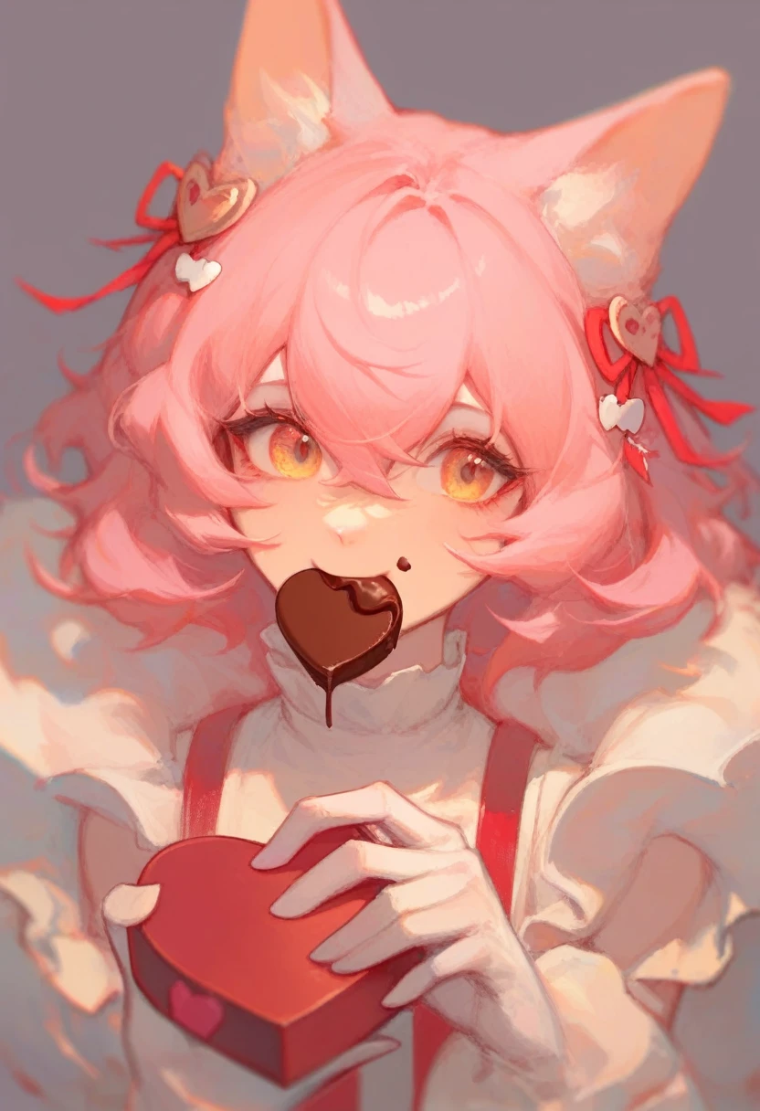 portrait, valentine concept, sweet, 1 girl, pink hair, eating chocolate, cute, candie