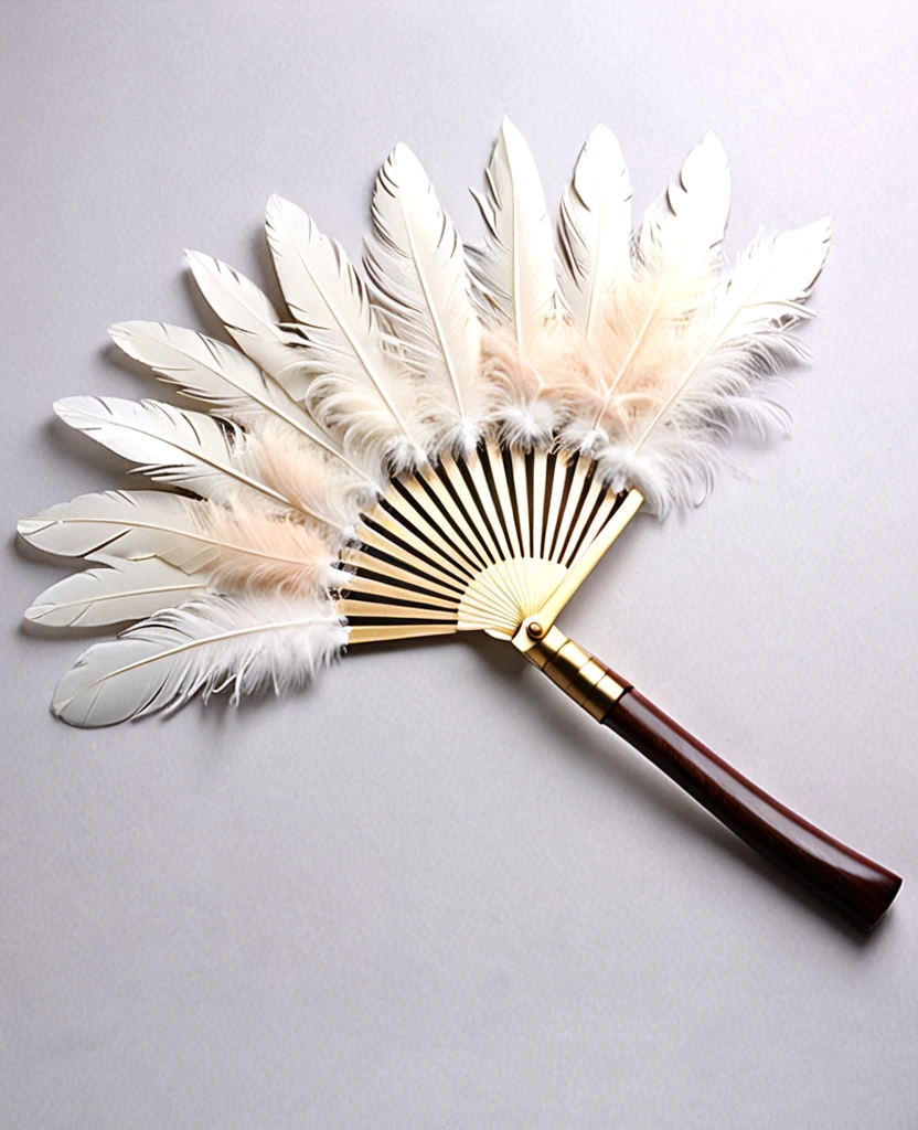 (Handle Feather Fan)、(Wooden handle)、(It is made of many feathers)、The handle is at the base of the blade.
