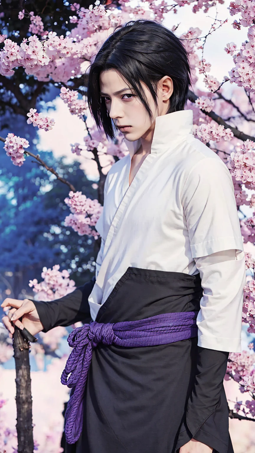 1 person, Sasuke Uchiha from the anime Naruto Shippuden, short hair , Black Hair, Light Eyes Network, good looking, Purple clothes, Realistic clothes, Clothing Details, Urban Background, Super detailed, Realistic