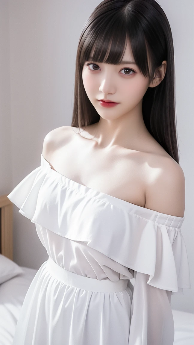 40k、photograph、、Highest quality、(1. Beautiful eyes、Light Hair、White skin、Mr. Miss.々Pose、((Medium chest、:1.1))、Highest quality、Tabletop、Ultra-high resolution、(Real:1.4)、RAWphotograph、(Perfect Figure)、(slim、:1.3)。 3)、Slim abdomen、((Golden-haired woman)),((Straight bangs、Princess bangs)),((Very heavy、Very voluminous bangs:1.1)),((Very long、Very heavy、Very voluminous side locks:1. 1))、Hime cut、Straight bangsヘアスタイル、Long Hair、The bangs are cut straight、(masterpiece、Highest quality:1. 5), (Ultra-fine 8K CG:1.4), (Hyperrealistic:1.25), (Photorealistic:1.25), (Real:1.4), COWBOY SHOT, (View from above:1.35), (from the front:1.4), (smile:1.3)、。 1 Japan Beautiful Girl、19 years old、Supermodel、Japanese Idols、(smile)、(Medium sized chest)、Sweat Muscles、(Off-the-shoulder semi-transparent white maid outfit:1.4)、COWBOY SHOT (Black and white monotone maid outfit 1.1), (Lying in bed 1.4), (Lying on your back 1.1), (Put your head on the pillow 1.1), (Full Body Shot), ((Floral panties are visible on a white background))、8K、Highest quality、(Real、realism:1.37）、Highest quality、beautiful、Pensive expression、Charm、Captivating appearance、blue eyes、Light Skin Tone）((Dynamic Pose))、((Sexy pose))、((Raise your arms、Underarm)）、（top down：1.2）、