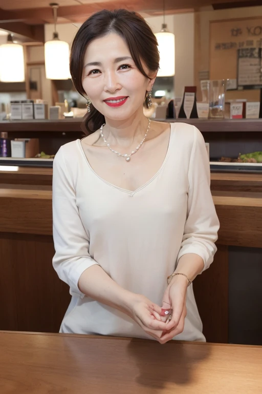 Beautiful mature Japanese woman aged 55, Married women, Fine wrinkles, Long eyelashes, Low Ponytail, Red lipstick, Pearl Necklace, Earrings, Red lipstick, waitress, restaurant,