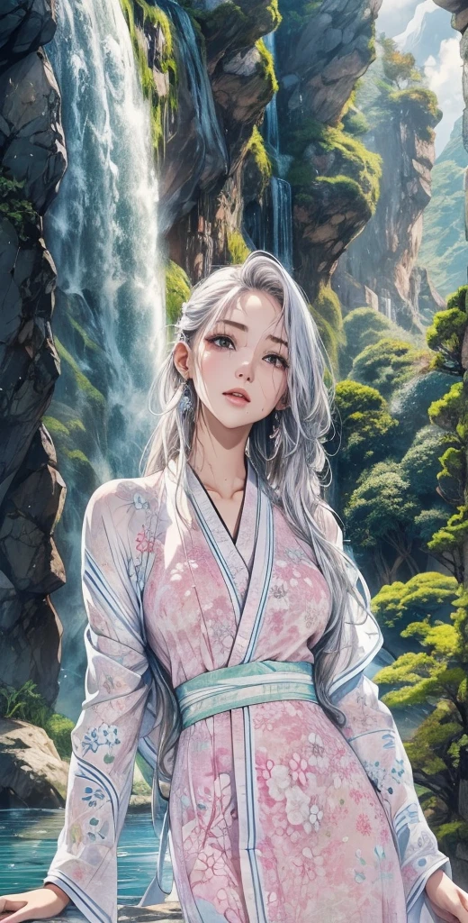Deep in the mountains、waterfall、The kimono is plain white、The kimono gets wet and the skin becomes transparent、My face and hair are wet、The kimono has no pattern.、The fabric of the kimono is thin、The kimono is pure white、Keep your mouth shut
