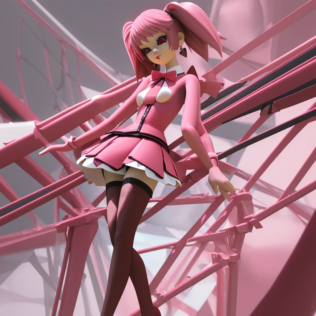 girl in a short skirt in knee-length stockings, red-pink hair,Twin Tail, full height, 3D wallpaper
