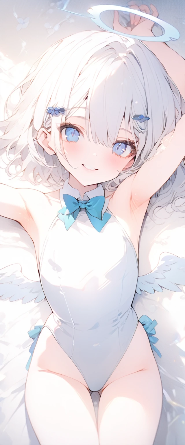 beautiful, masterpiece, Highest quality, anime, One girl, C Cup,Portrait Shot, View your viewers, Intricate details,>,((Covered、Short Hair、nearby、Blue Eyes、art、、White hair,Blue streaked hair、wallpaper、、hairpin、smile、Angel、Bunny Suit、Thighs、Halo、Lying on your back、Armpit、white_liquid、BODY ON Honey、
