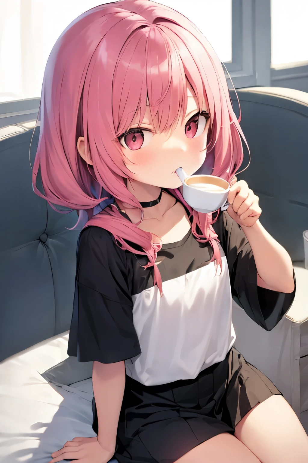 little loli with pink hair drinking tea in an empty white room
