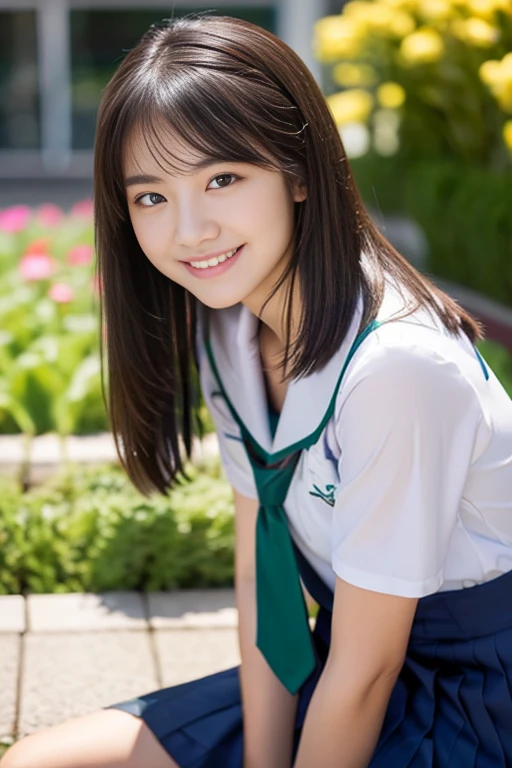 (((full bodyesbian)))、((Girls' High School Uniforms))、((１a person))、short ponytail hair、short bob hair、Close to the subject、((a school flower beds)))、(((ssmile)))、(((Girls' High School)))、((a beauty girl))、((sexy pose))、Photorealsitic、Beautiful detailed eyes、Hyper-Realism、highcontrast、Ultra HD、realistic skin textures、Top image quality、top-quality、超A high resolution、Fine details、Very meticulously、well-endowed round bosom