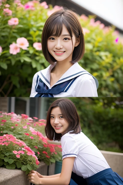 (((full bodyesbian)))、((Girls' High School Uniforms))、((1a person))、short ponytail hair、short bob hair、Close to the subject、((a school flower beds)))、(((ssmile)))、(((Girls' High School)))、((a beauty girl))、((sexy pose))、Photorealsitic、Beautiful detailed eyes、Hyper-Realism、highcontrast、Ultra HD、realistic skin textures、Top image quality、top-quality、超A high resolution、Fine details、Very meticulously、well-endowed round bosom