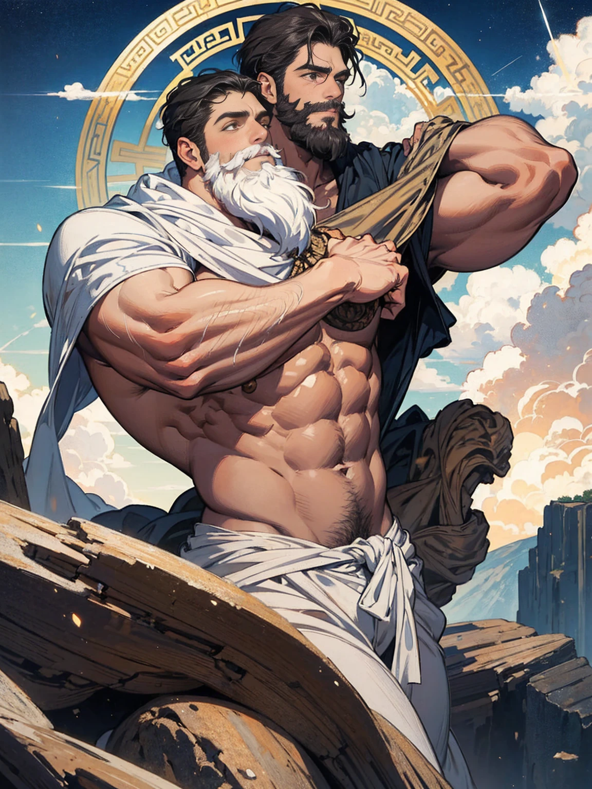 An oil painting of Zeus, god of Olympus, handsome, long straight nose, white beard, robust, sinewy muscles, shirtless, holding a thunderbolt, smiling, mount Olympus in background, by Frank Frazetta, by Boris Vallejo, by Louis Royo