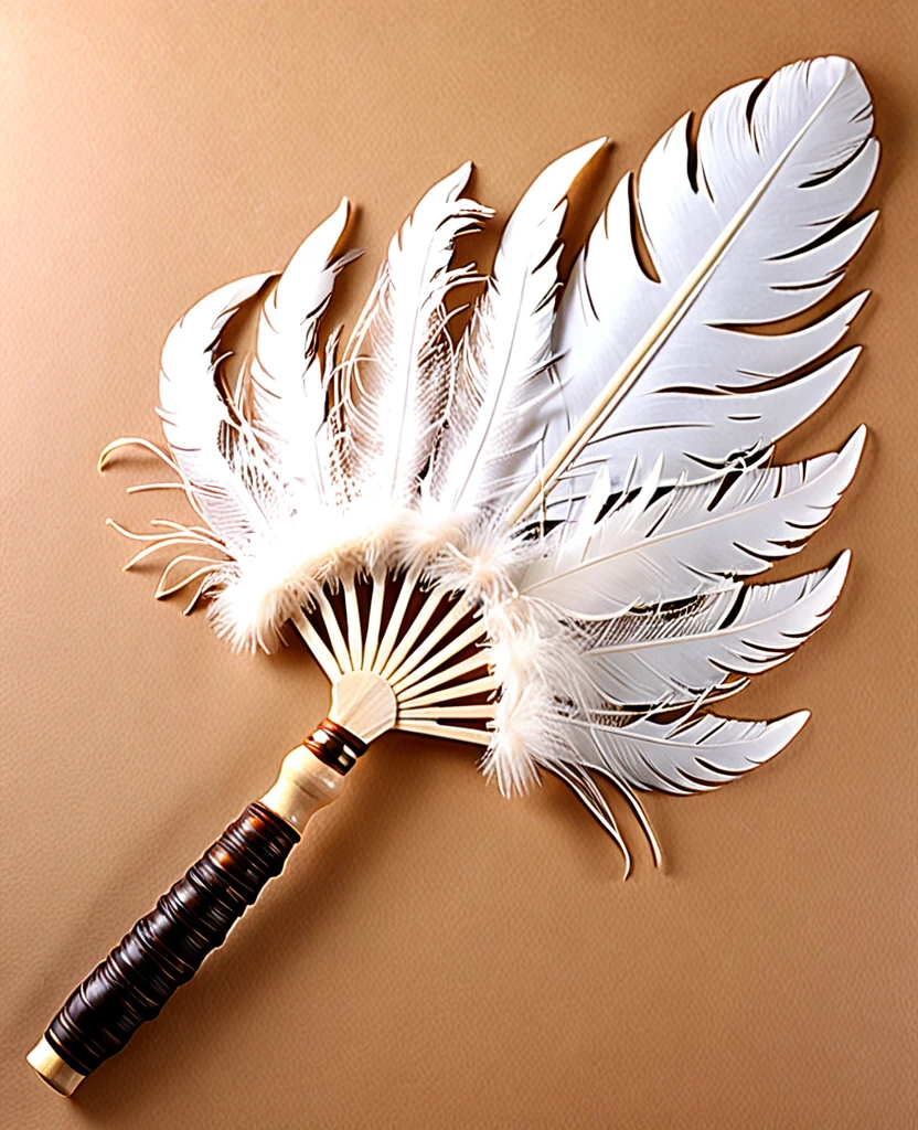 (Handle Feather Fan)、(Wooden handle)、(It is made up of many overlapping feathers.)、(The handle is at the base of the blade.)