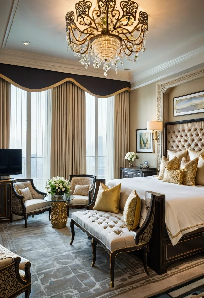 Luxurious hotel room featuring ornate, gold-accented decor with intricate patterns. A large bed with decorative pillows is positioned in the center. On each side of the bed are nightstands with elegant lamps. At the foot of the bed is a tufted bench. The ceiling features a grand chandelier and detailed gold embellishments. A dark wood console with a mounted television on the left wall. Two armchairs and a small table with flowers are placed by the window, which showcases an urban skyline through heavy drapes. The room exudes opulence and elegance.