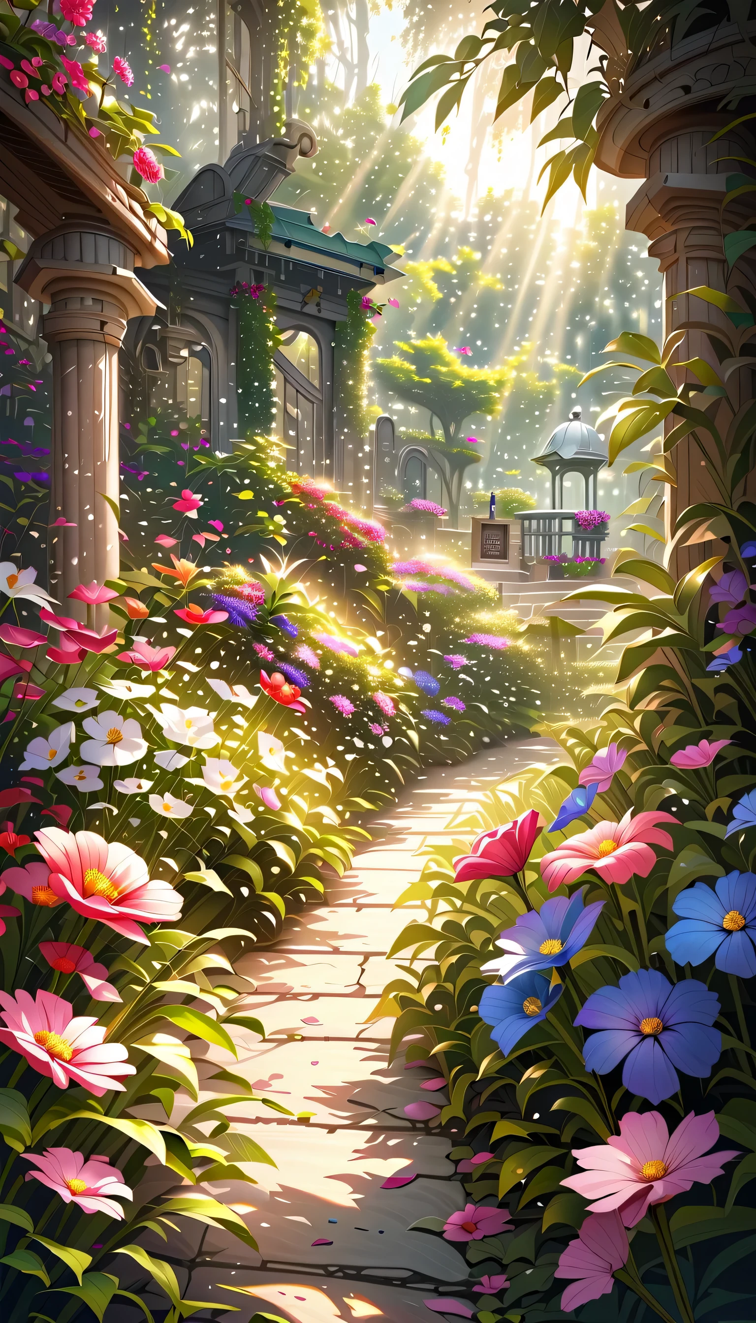 Garden of colorful flowers, Vibrant colors, Detailed petals, The sunlight peeks through, Breeze, Fun atmosphere, High-resolution artwork, Realistic and crisp, Soft and natural lighting effects, Blooming Flowers, A variety of flowers, Beautifully constructed composition, Meticulous attention to detail, Realistic texture, Botanical paradise.