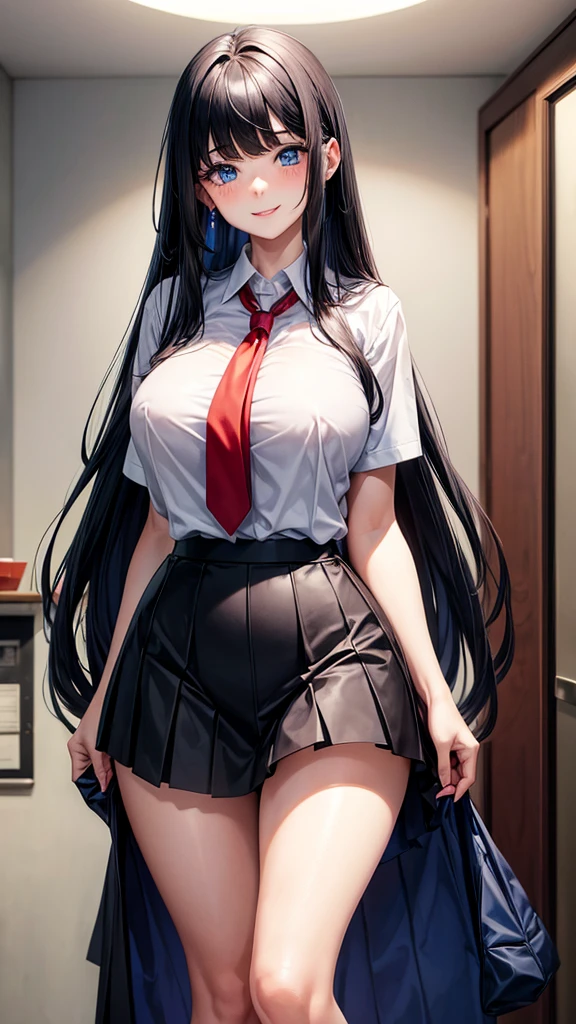 1 mature girl, beautiful face, blue eyes, red cheeks, smile, long straight hair, black hair, long bangs, seky body, colossal , overmany, big and droopy, big titietra, wide hips, School uniforms, mini skirt, tight shirt