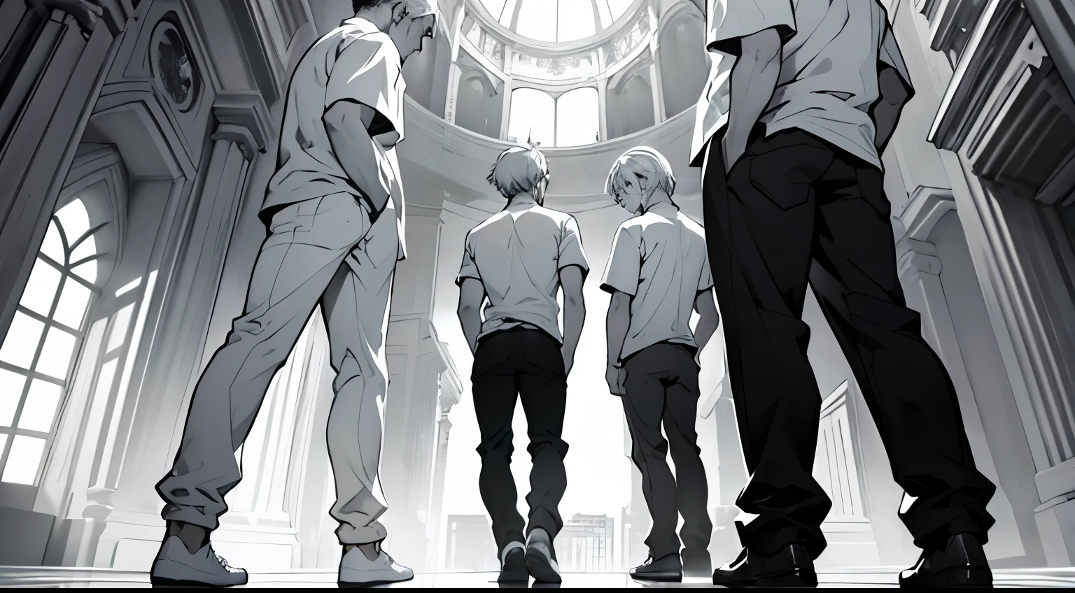 monochrome,masterpiece,illustration, best quality, best aathetic,male focus, full body,looking away:1.4,three men in white t-shirt standing,white hair,from below,