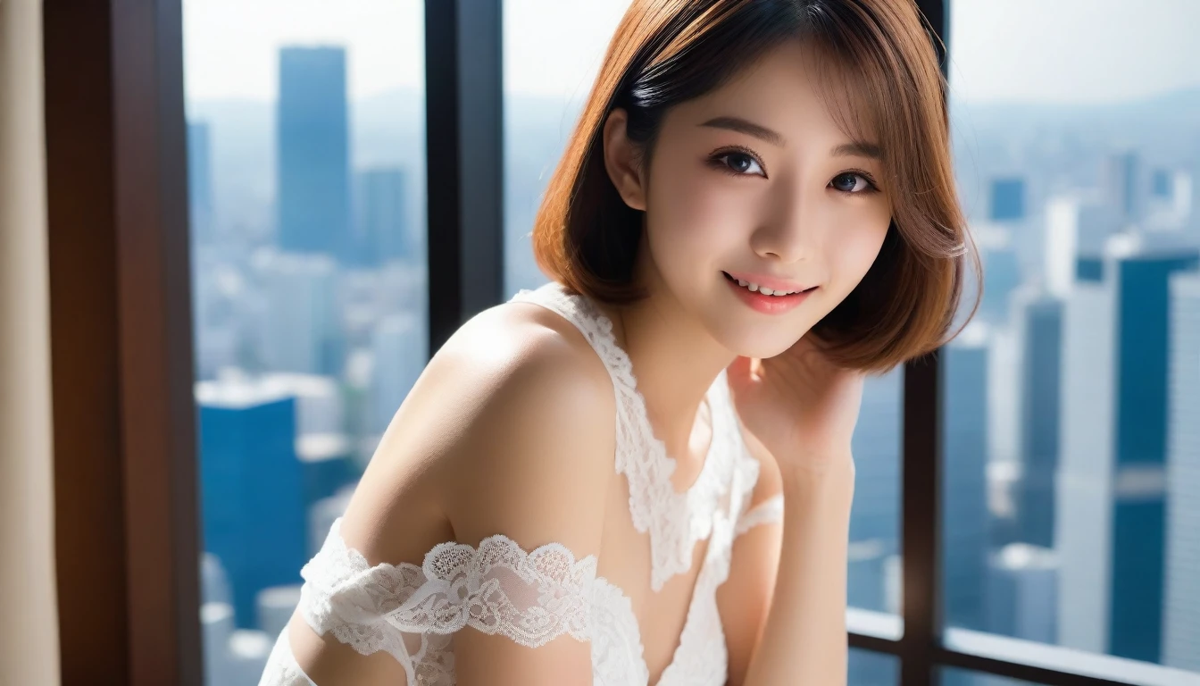 8k, Ultra-high resolution, Highest quality, masterpiece, 三分割法によるphotograph,Surreal, photograph, 1 girl, (16 years old:1.3), pretty girl, Cute face, Beautiful eyes in every detail, 細かくdetailedに,masterpiece,, One Girl:1.2, Japan Female Announcer,whole body,Young Wife,Leaning against the window, Nice views, Standing at the window, Pressed hard against the window, Standing on top of a skyscraper, Near the window, With your back to the window, Amazing View ,View from the side, White lace underwear,A carefree smile,Healing the heart,Bold Pose,Short Bob,Looking at the audience、beauty,Long neck、Laugh a little、Please close your mouth and laugh、(((Ideal body type))),A-cup small breasts :2,、Portraiture:2、Perfect Anatomy、鮮明なdetailed、detailed、Surreal、Light and shadow,Strong light 