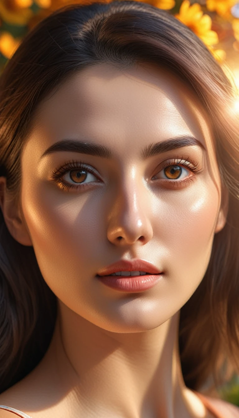 1girl, artistic photography style, warm color scheme, best quality,4k,8k,highres,masterpiece:1.2),ultra-detailed,(realistic,photorealistic,photo-realistic:1.37),HDR,studio lighting,extreme detail description,professional,vivid colors,bokeh a beautiful girl, (best quality,4k,8k,highres,masterpiece:1.2),ultra-detailed, (realistic,photorealistic,photo-realistic:1.37), colorful,vibrant colors, smooth,sharp focus,(female:1.1), portrait, sunbeams serve the girl's face, her brown eyes glow from the sun, eyelids are clearly visible.