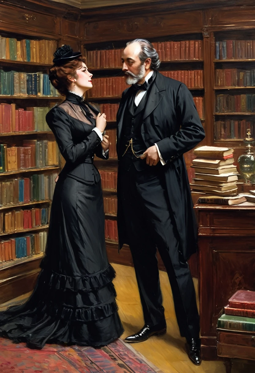 Full body view, a tall voluptuous buxom, fully figured, mature victorian widow in a black dress having a intimate conversation with a eldely gentleman in the library, by Jean Béraud, inspired by Jean Béraud, inspired by Édouard Detaille, edouard leon cortes, inspired by Ivan Kramskoi, inspired by Jean-Louis-Ernest Meissonier, by Édouard Detaille, inspired by Paul Émile Chabas