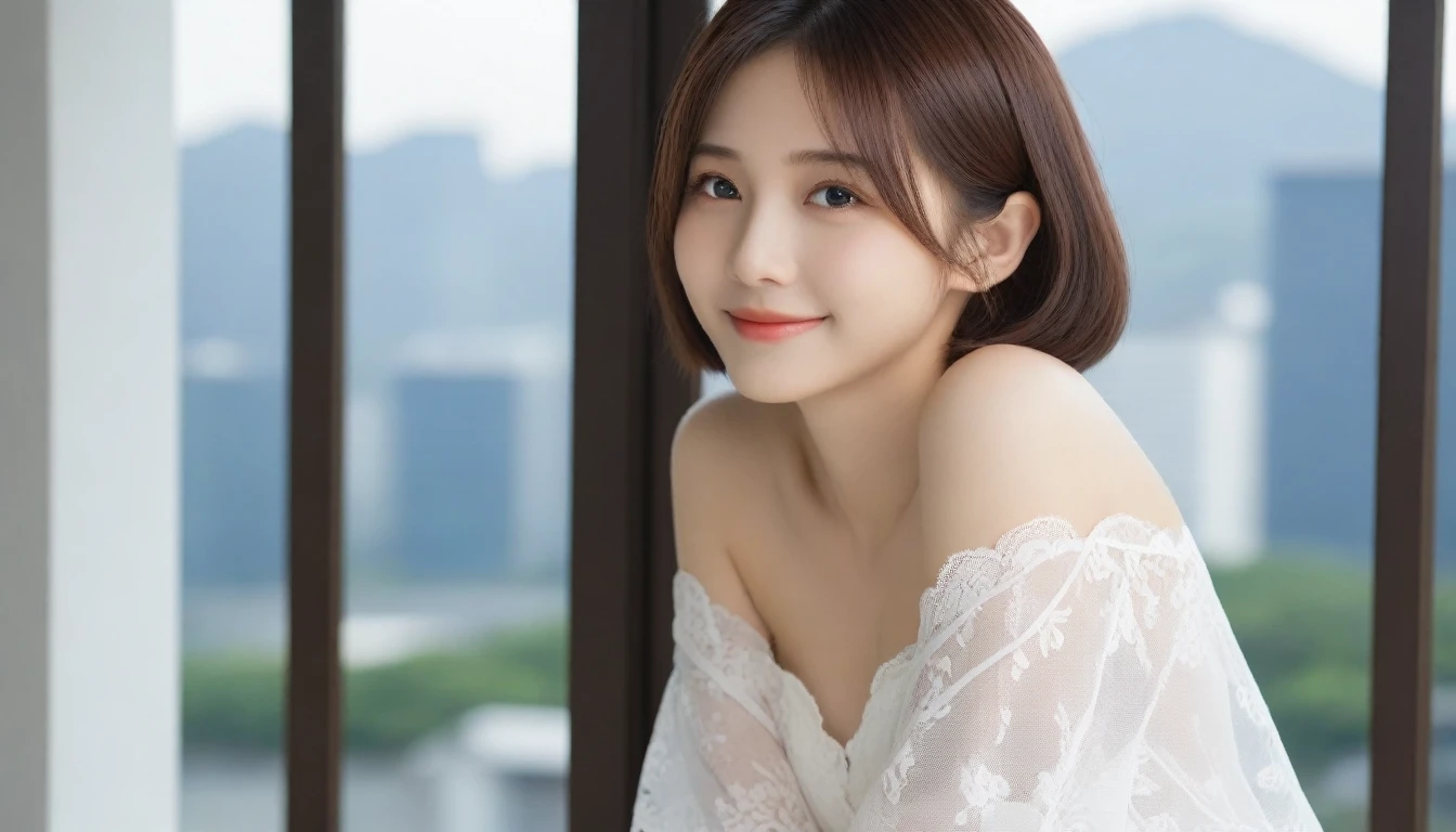 8k, Ultra-high resolution, Highest quality, masterpiece, 三分割法によるphotograph,Surreal, photograph, 1 girl, (16 years old:1.3), pretty girl, Cute face, Beautiful eyes in every detail, 細かくdetailedに,masterpiece,, One Girl:1.2, Japan Female Announcer,whole body,Young Wife,Leaning against the window, Nice views, Standing at the window, Pressed hard against the window, Standing on top of a skyscraper, Near the window, With your back to the window, Amazing View ,View from the side, White lace underwear,A carefree smile,Healing the heart,Bold Pose,Short Bob,Looking at the audience、beauty,Long neck、Laugh a little、Please close your mouth and laugh、(((Ideal body type))),A-cup small breasts :2,、Portraiture:2、Perfect Anatomy、鮮明なdetailed、detailed、Surreal、Light and shadow,Strong light 