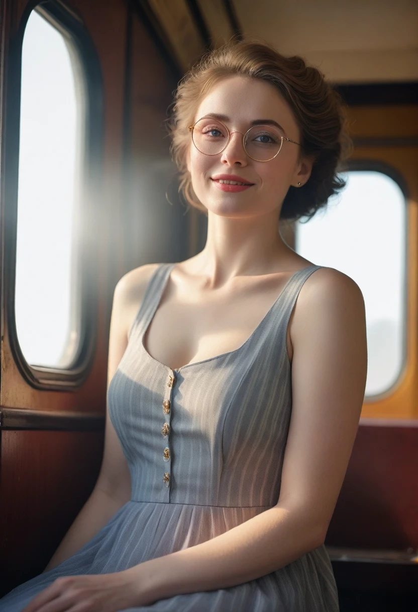 (Best quality, Ultra detailed, Golden ratio, Masterpiece:1.2), Theatrical lighting:0.7, Photo of a woman, dressed in a very elegant and pretty dress, Perfect rare face, (Highly detailed skin), randomly dyed hair, skin texture, Pale skin, shiny skin, (thin, large size:1.5), [:(Sharp focus on rare face, perfect eyes:1.5):0.2], photorealistic, film grain, Put one foot forward, from below looking up, look at camera, Emphasize the shoulders, Focus on face, Stockings, glasses, Smile with corners of mouth raised, disdainful expression, summer haze, muted colors, muted warm colors, Photo cinematic portrait of a woman dressed in a striped dress sitting by the window in the early morning, cinematic, (tilted:1.3) (on an old train) look cautious, standing under a spotlight, volumetric dust clouds, key light, backlight, soft natural lighting, photography Film grain ISO 600 30 mm lens RAW f1.8 aperture, highly detailed (analog photography:1), colors hdr