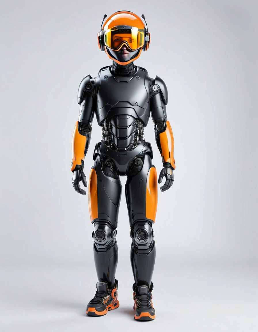 Create a realistic image of an adult male AI robot with a predominantly orange and black appearance. He was supposed to be wearing a helmet with goggles covering his eyes, but his mouth was visible and he was smiling at the camera, and the color of his shoes was black and orange. The AI ​​robot must pose cutely in front of the camera, with its entire body clearly visible from head to toe. The background must be white. The overall scene should emphasize the whimsical and fun nature of the AI ​​robot character