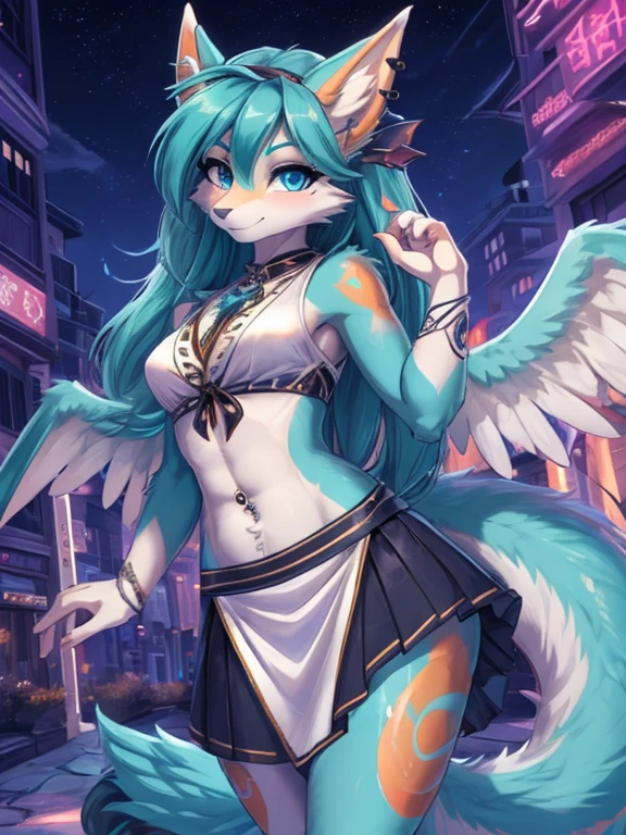 Chica anime,tennage girl 18 years old, anime style, cute hatsune miku x suicune, shy girl , Orejas de Kitsune, arte de dark natasha, city landscape, arte de vixen aztra, cuerpo completo, patas hermosas, cintura delgada, caderas amplias, navel white blouse, white&pink skirt, navel piercing, ear piercing, navel tattoo, atrevid pose, back pose, fluffly tail, sensual eyes (la mejor definicion) long hair, black flash, city party, city night life, party girl, idol girl, atrevid girl,deep blue eyes (HD), white&pink dress, super mega star idol, aura pura, silueta de luz, silueta radiante de luz dorada, su cuerpo brilla, best lighting in photography, mermaid mini skirt, sensual pose, angel wings, tribal body tatoo, edge of building