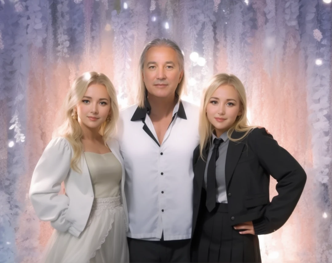 Dad in the middle , two daughters on either side , one blonde in a beautiful white dress with puff sleeves , second daughter in a black skirt and jacket