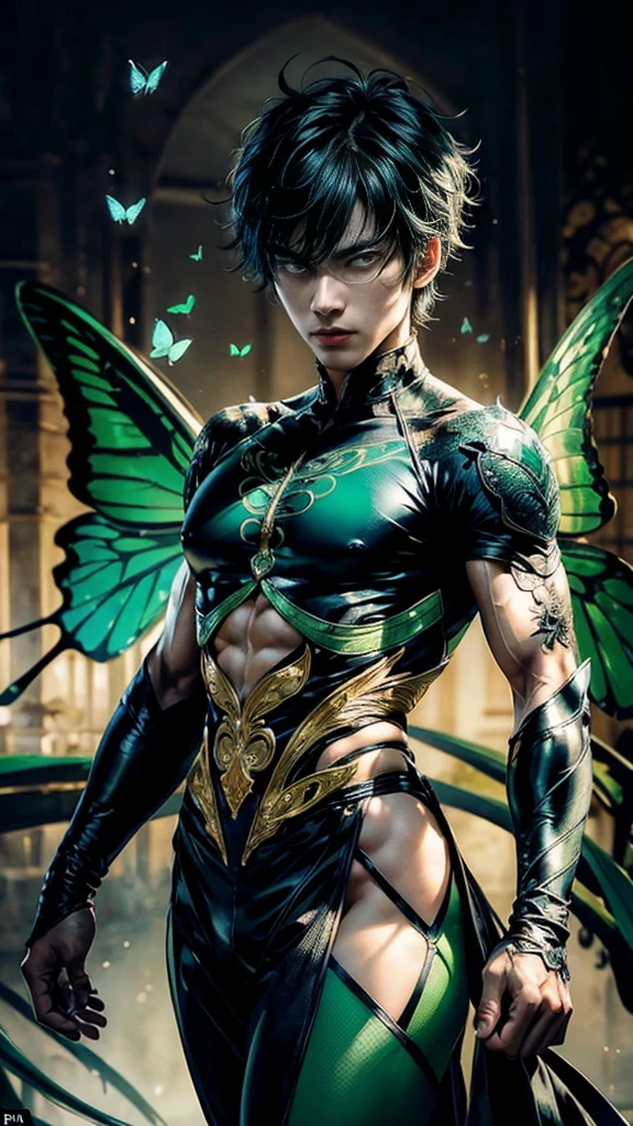 (Martial arts style works),(quality),(height)   ,1 sexy young man,light green eyes, Short dark green hair., alone,(Sexy young boy, detailed background),A face that is handsome and sexy.,fairy tale,(butterfly race),Slim, sexy, shiny body,It has perfectly detailed butterfly wings.,Picture of creating a magic camp,Show movie subtitles,Don&#39;t look at the view.,Not looking at the view,Amazing light and shadow,Wear a gorgeous, sexy, perfectly detailed traditional Chinese outfit. web style,moon,Moths all around, floating on water,There was a large, fine green ring around it.