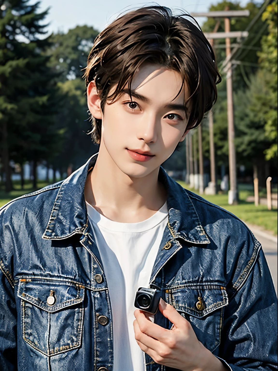 (Highest quality, masterpiece, 8K, top quality, ultra realistic, award winning) 22 year old cool guy. Guy likes to take landscapes and portraits with camera in hand. Sexy denim jacket. Upper body. He stares at you. He is in love with the viewer. His cheeks are red. He smiles at the viewer. He looks happy. He is holding a camera.