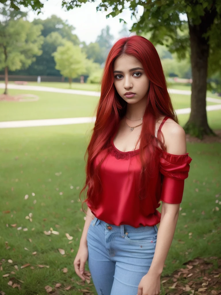 Portrait of 19 years old charming  teenage girl, healthy, beautiful Indian girl, very long red hair, cute and serious, naughty and provoking expression to viewer, ((tight red silk top))), jeans, full body, in the park, sexy, ultra-realistic , photorealistic, detailed, light skin, detailed in 8K, [no worries, NSFW,]